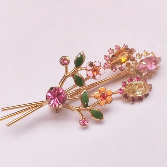 Vintage Brass Tone Enamel Rhinestone Flower Pin Brooch - Etsy Vintage Colorful Enamel & Rhinestone Flower Brooch